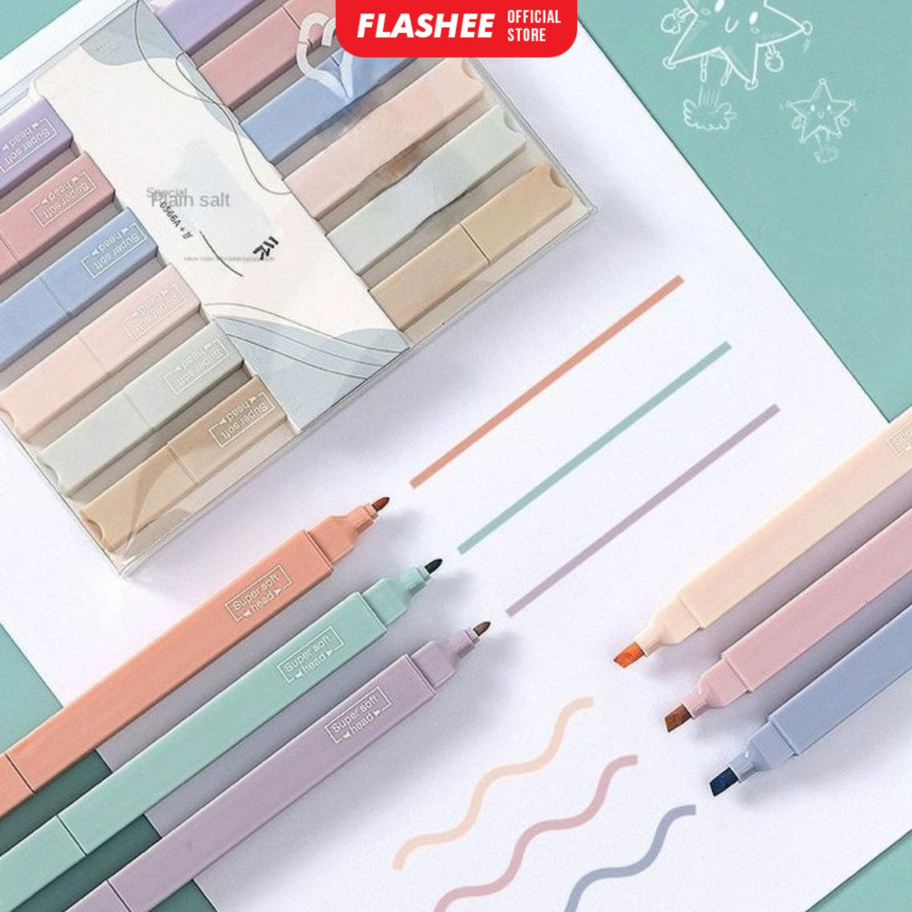 Flashee Highlighter Spidol 6 PCS Highlighter 2 In 1 Double Brush Spidol Warna Pastel