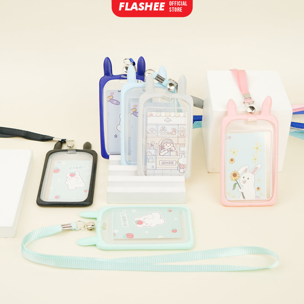Flashee Name Tag Kawai Transparan ID Card Gantungan Kartu Motif Kelinci Lanyard Flashee Akses Kantor MRT Busway