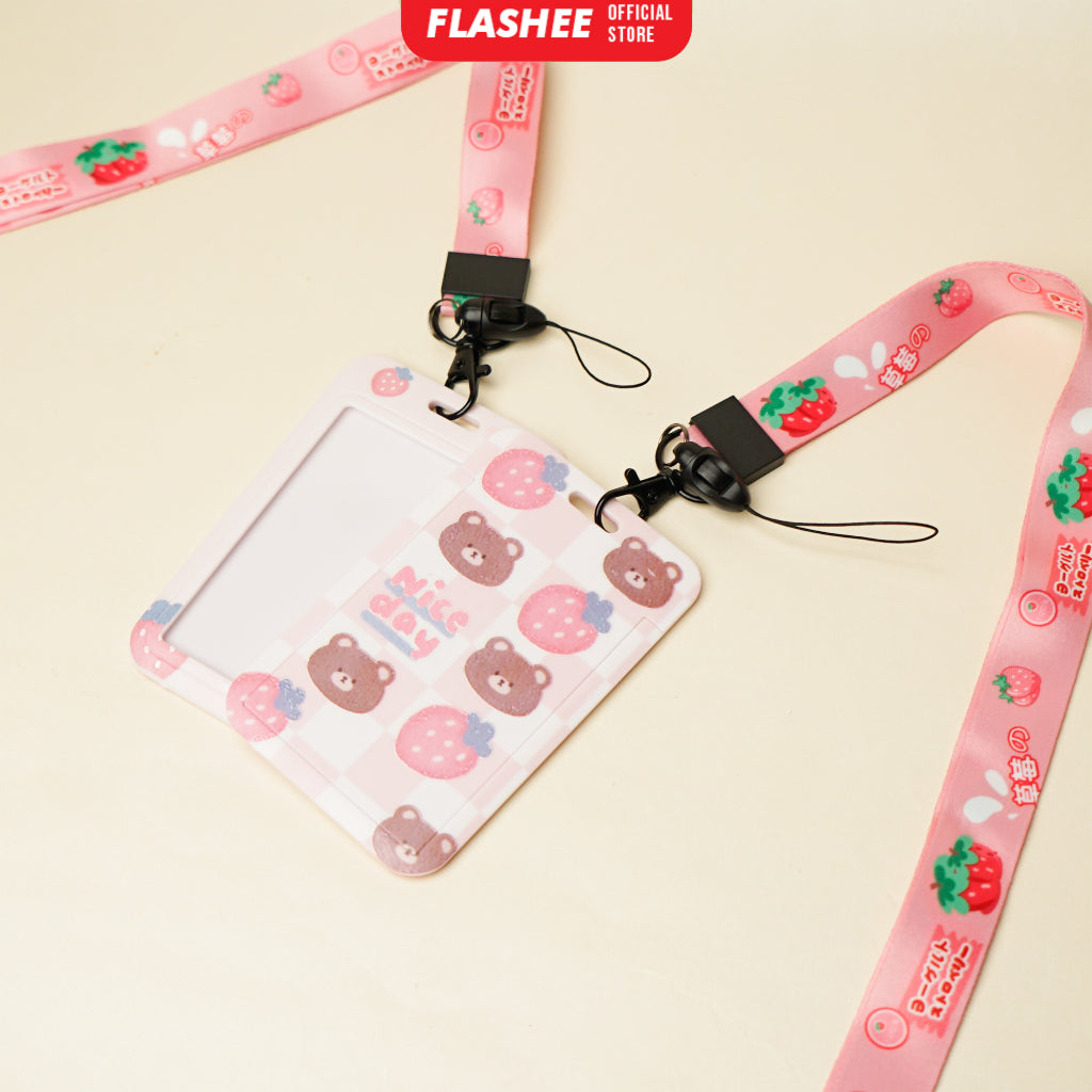 Flashee Name Tag Motif Kawai Lucu Korea Bear ID Card Photocard Tali Premium Bahan Lanyard Tebal