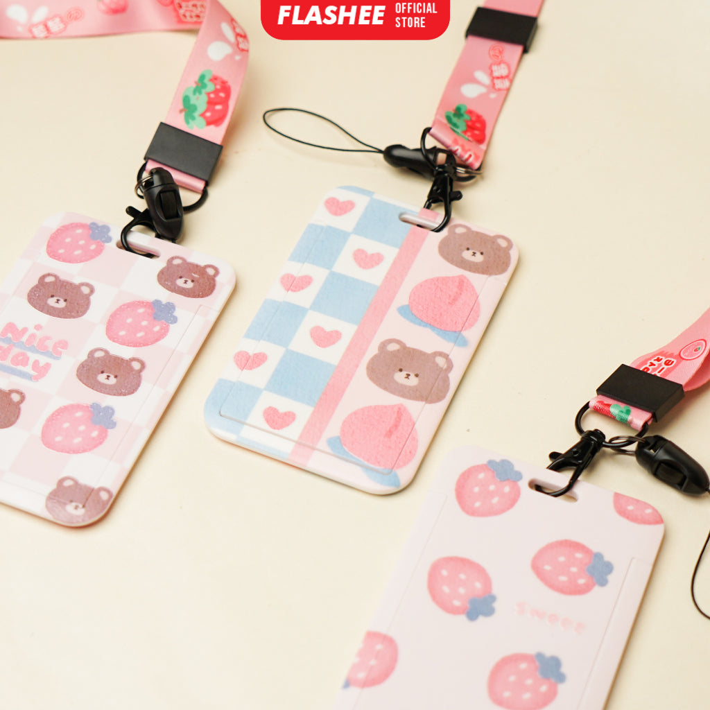 Flashee Name Tag Motif Kawai Lucu Korea Bear ID Card Photocard Tali Premium Bahan Lanyard Tebal