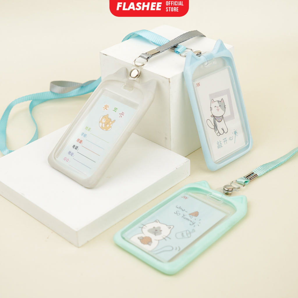 Flashee Lanyard ID Card Motif Kawai Kucing Lucu Flashee ID Card Akses MRT Busway E-Money Flazz