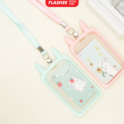 Flashee Name Tag Kawai Transparan ID Card Gantungan Kartu Motif Kelinci Lanyard Flashee Akses Kantor MRT Busway