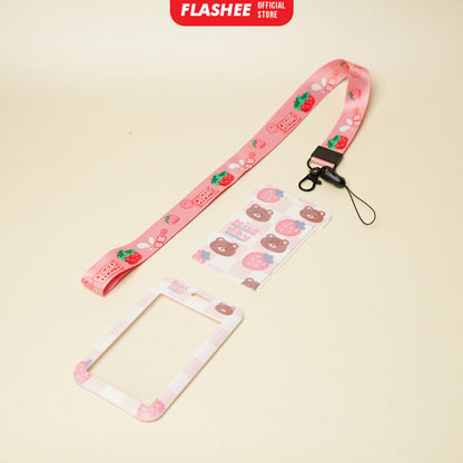 Flashee Name Tag Motif Kawai Lucu Korea Bear ID Card Photocard Tali Premium Bahan Lanyard Tebal