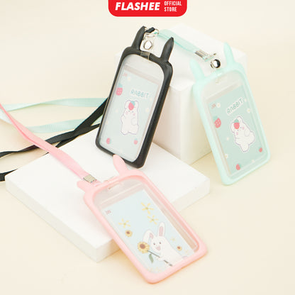 Flashee Name Tag Kawai Transparan ID Card Gantungan Kartu Motif Kelinci Lanyard Flashee Akses Kantor MRT Busway
