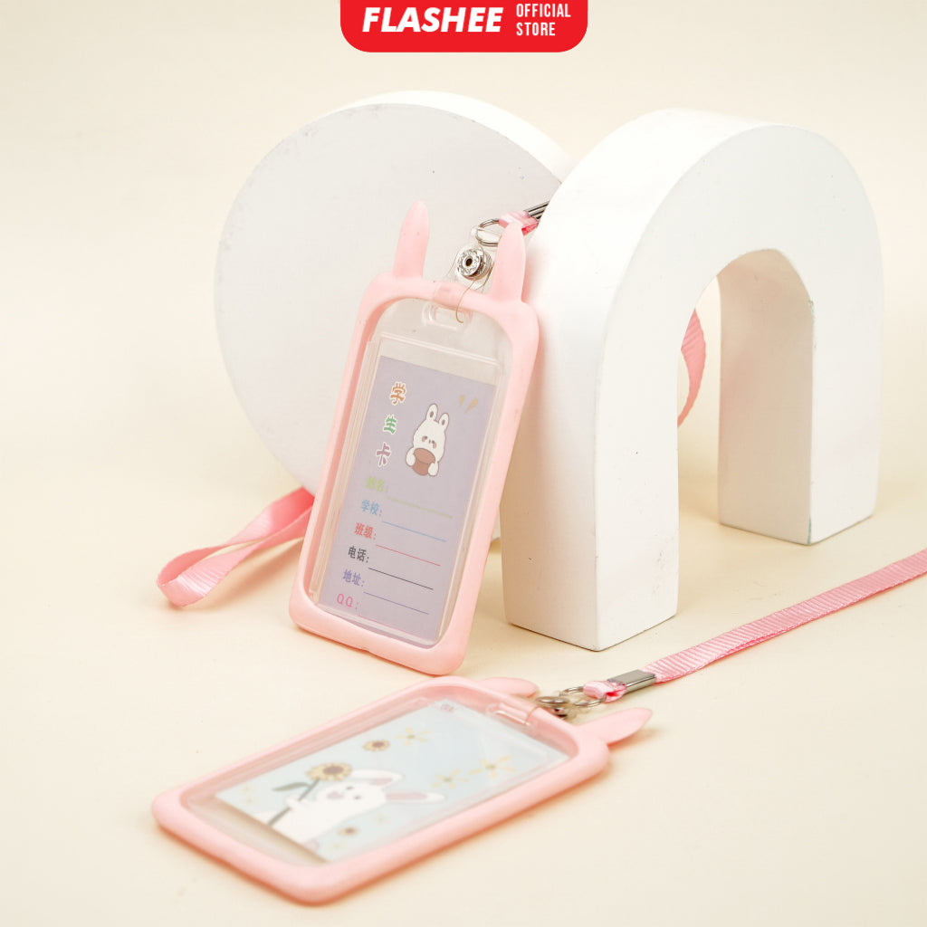 Flashee Name Tag Kawai Transparan ID Card Gantungan Kartu Motif Kelinci Lanyard Flashee Akses Kantor MRT Busway