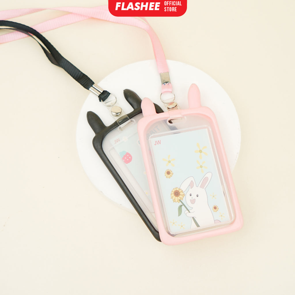 Flashee Name Tag Kawai Transparan ID Card Gantungan Kartu Motif Kelinci Lanyard Flashee Akses Kantor MRT Busway