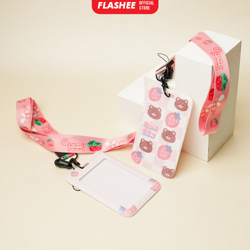Flashee Name Tag Motif Kawai Lucu Korea Bear ID Card Photocard Tali Premium Bahan Lanyard Tebal