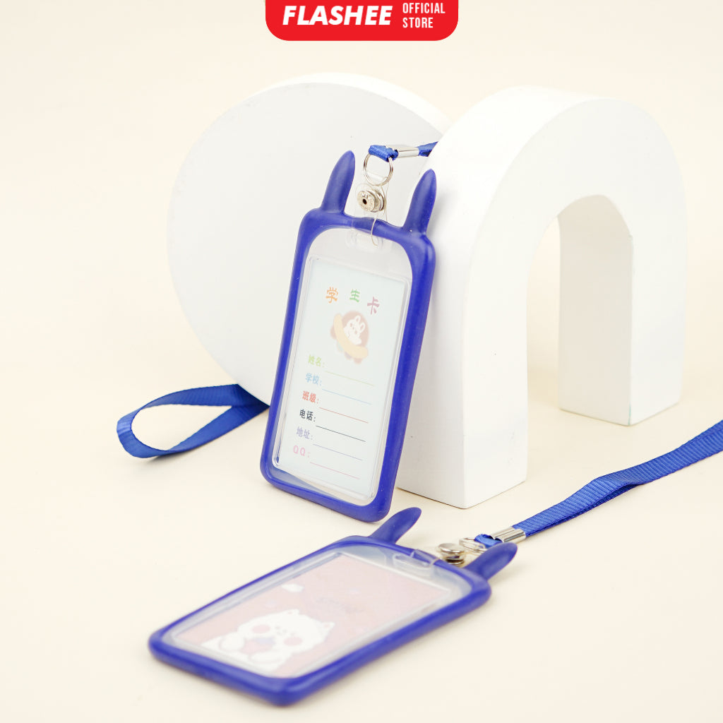 Flashee Name Tag Kawai Transparan ID Card Gantungan Kartu Motif Kelinci Lanyard Flashee Akses Kantor MRT Busway
