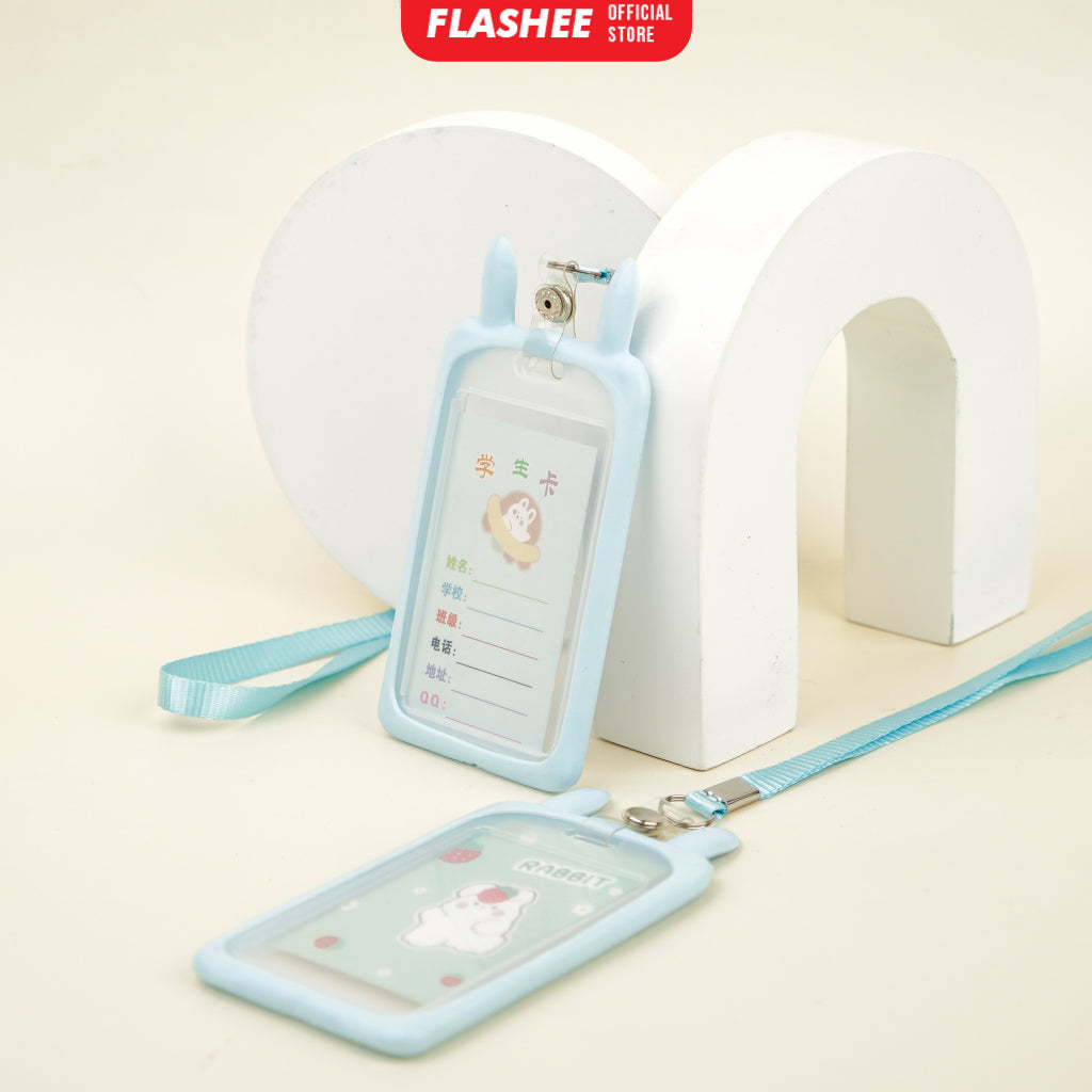 Flashee Name Tag Kawai Transparan ID Card Gantungan Kartu Motif Kelinci Lanyard Flashee Akses Kantor MRT Busway