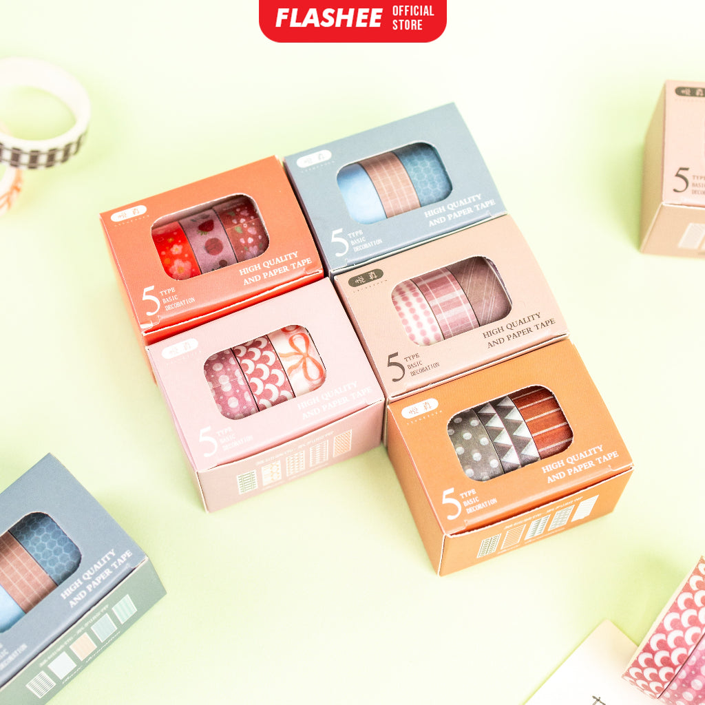 Flashee 5 Rolls Basic Decoration Washi Tape Decor Jurnal Dekor Masking Tape Scrapbook