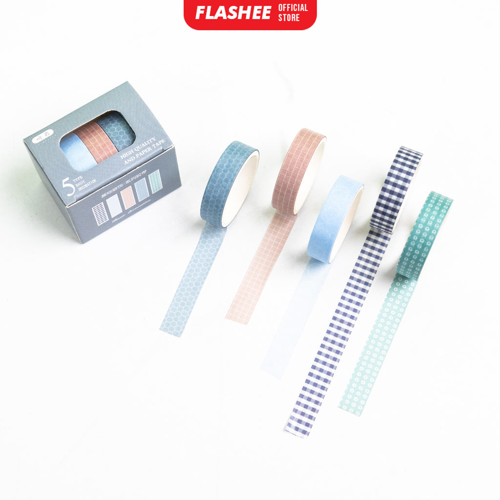 Flashee 5 Rolls Basic Decoration Washi Tape Decor Jurnal Dekor Masking Tape Scrapbook
