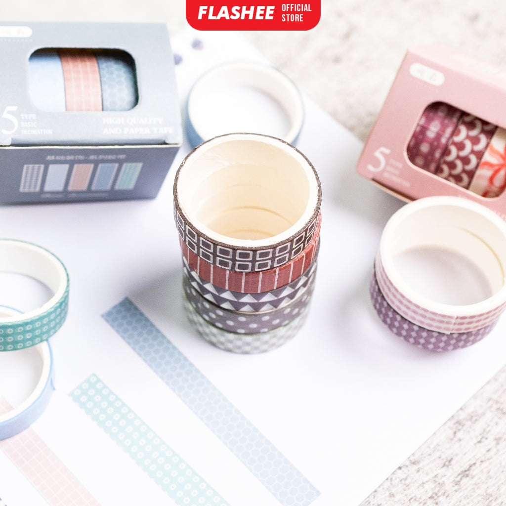 Flashee 5 Rolls Basic Decoration Washi Tape Decor Jurnal Dekor Masking Tape Scrapbook