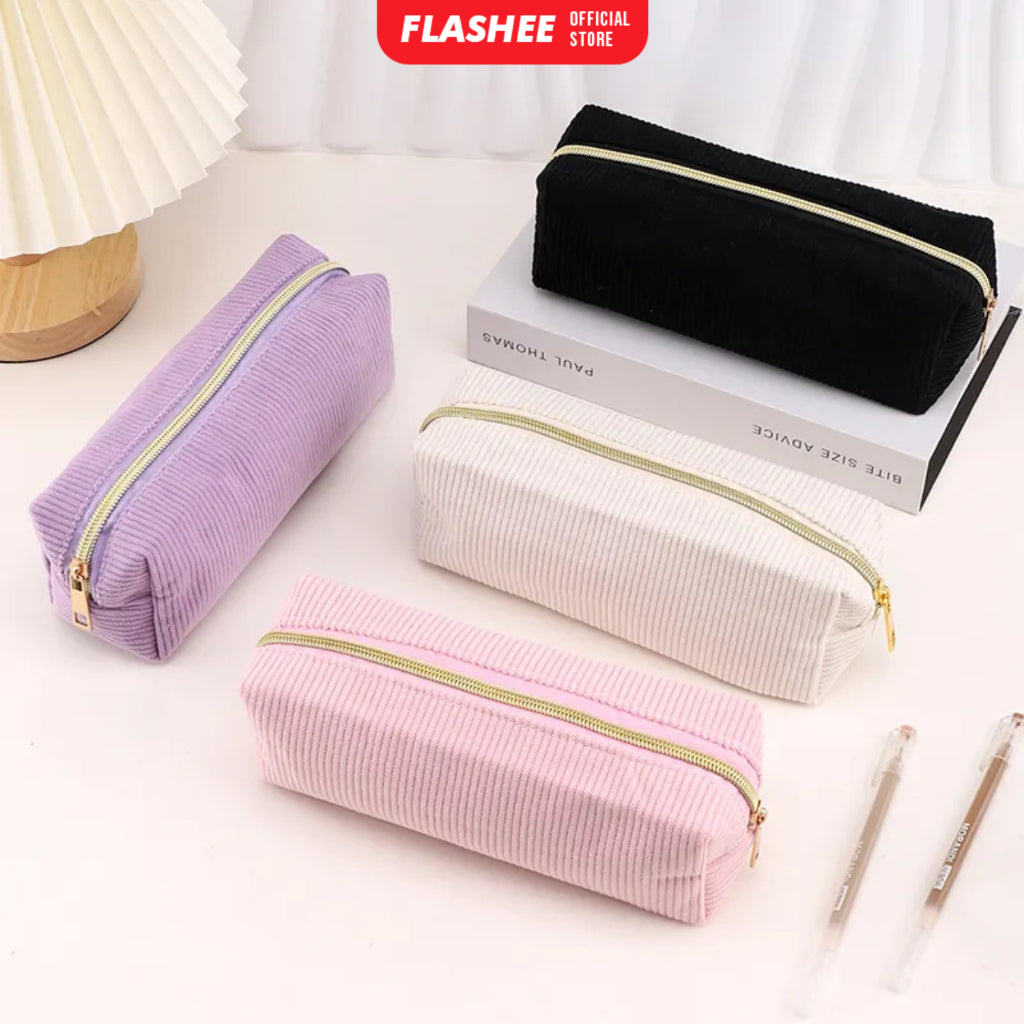 Flashee Tempat Pensil Anak Kotak Pensil Sleting Corduroy Pouch Makeup Aesthetic