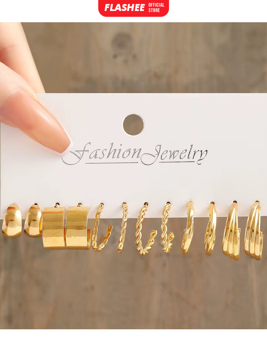 Flashee 6 Set Anting Hoop Kotak Emas Perak Anting Mutiara Hati Aksesoris Perhiasan Wanita