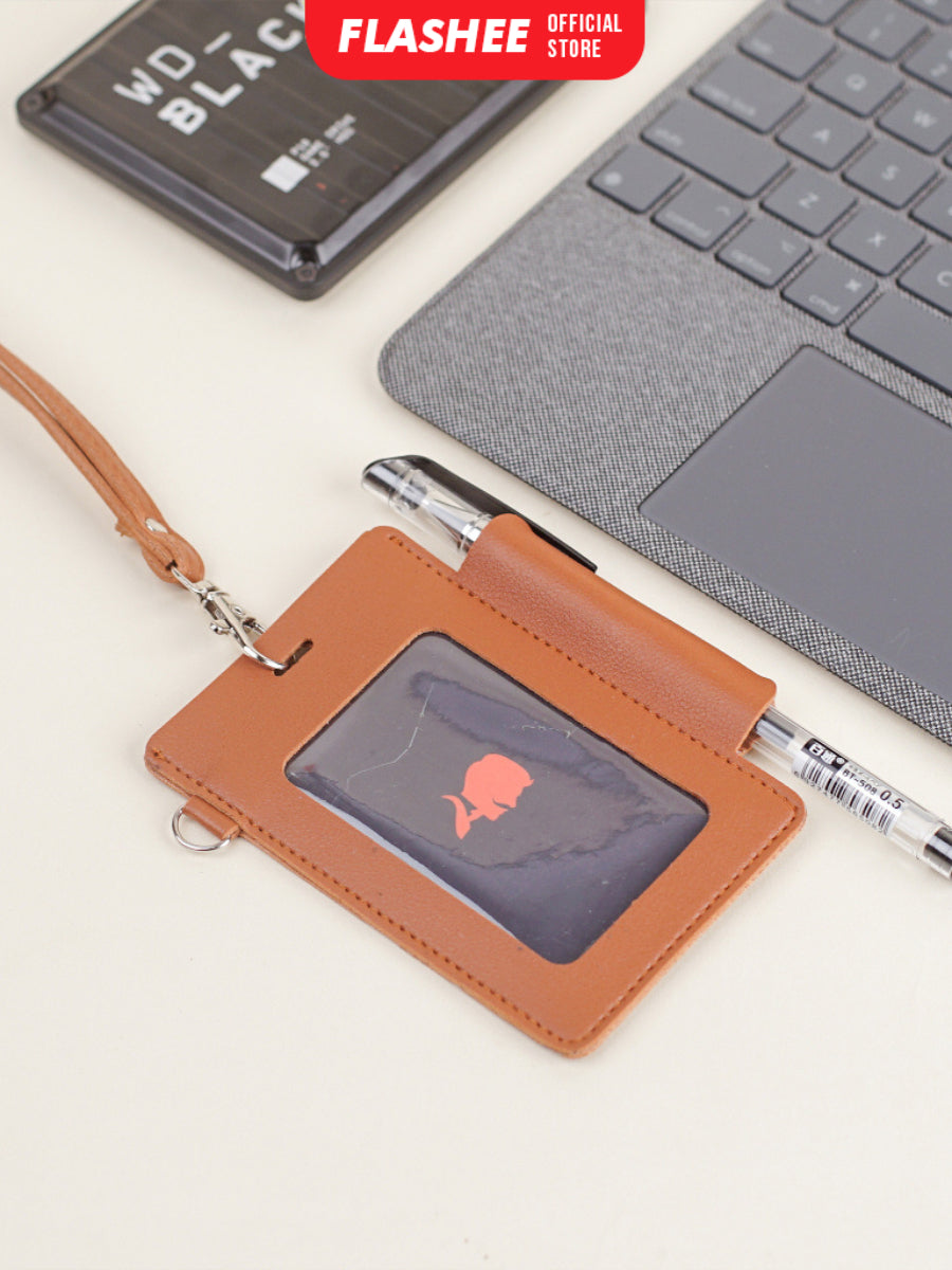 Flashee ID Card Lanyard Kulit Ada Tempat Pulpen Maxwell Name Tag Card Holder 3 Slot Bisa Custom Nama