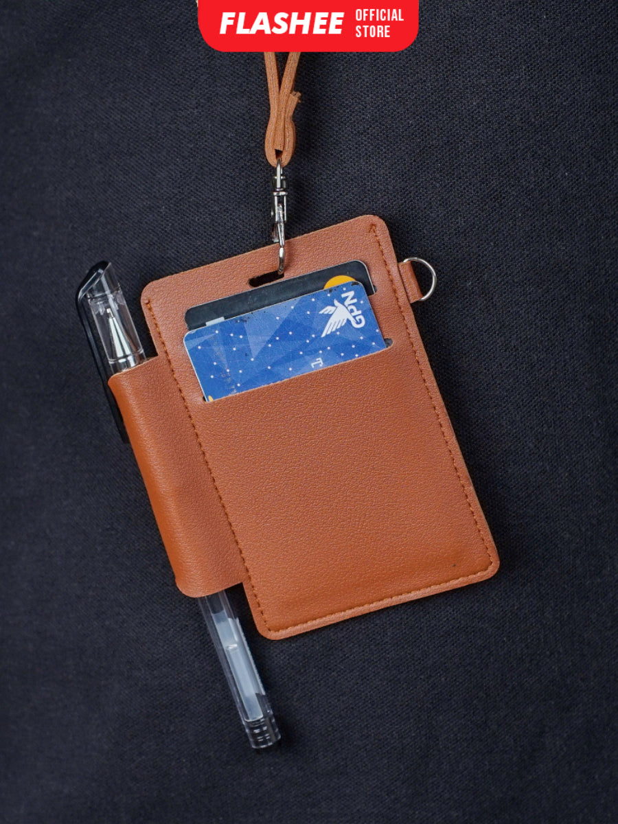 Flashee ID Card Lanyard Kulit Ada Tempat Pulpen Maxwell Name Tag Card Holder 3 Slot Bisa Custom Nama