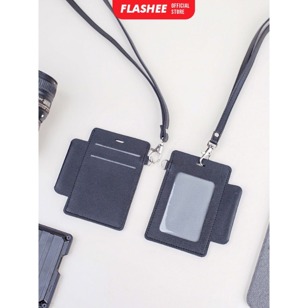 Flashee ID Card Lanyard Kulit Ada Tempat Pulpen Maxwell Name Tag Card Holder 3 Slot Bisa Custom Nama