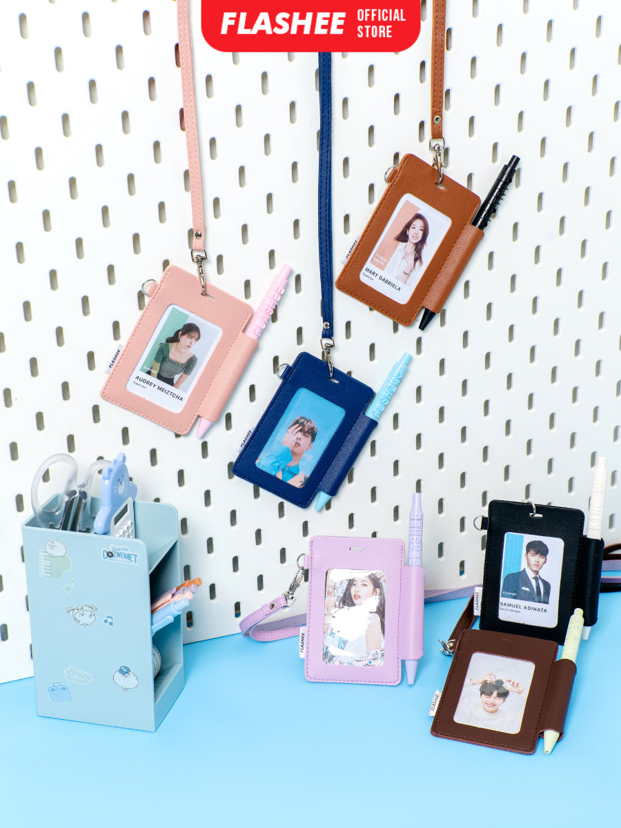 Flashee ID Card Lanyard Kulit Ada Tempat Pulpen Maxwell Name Tag Card Holder 3 Slot Bisa Custom Nama