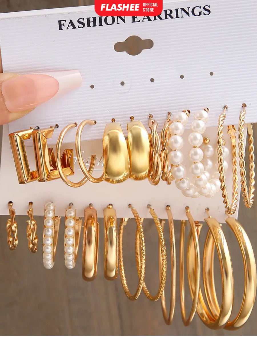 Flashee 6 Set Anting Hoop Kotak Emas Perak Anting Mutiara Hati Aksesoris Perhiasan Wanita