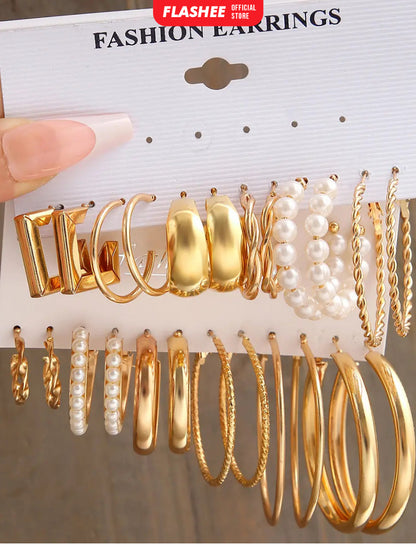 Flashee 6 Set Anting Hoop Kotak Emas Perak Anting Mutiara Hati Aksesoris Perhiasan Wanita