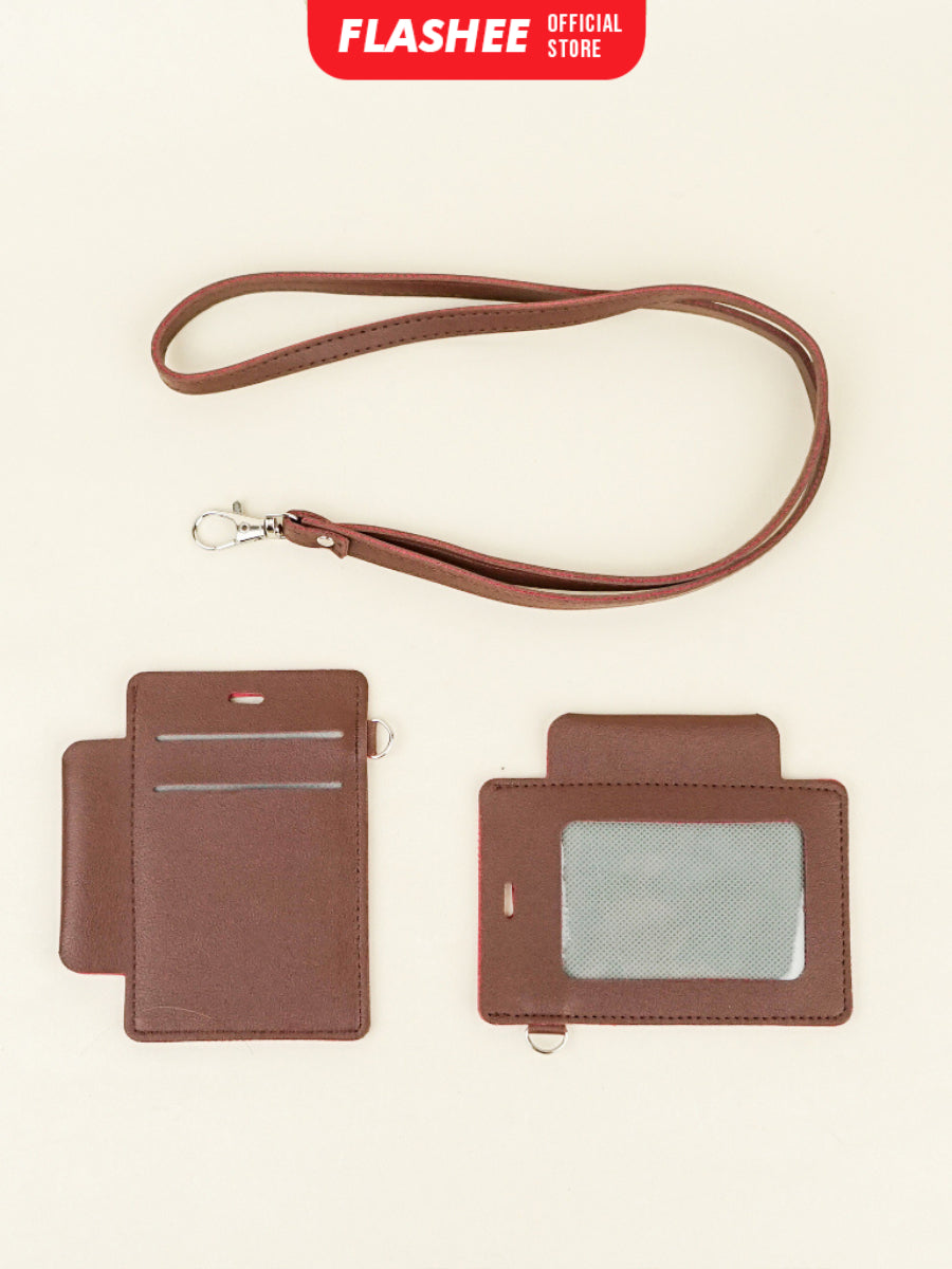 Flashee ID Card Lanyard Kulit Ada Tempat Pulpen Maxwell Name Tag Card Holder 3 Slot Bisa Custom Nama