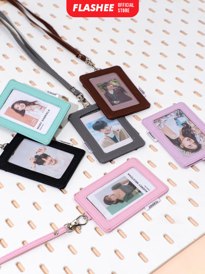 Flashee ID Card Holder Plastik Name Tag Mika Leyna Lanyard Kulit Dua Sisi Transparan PU Leather