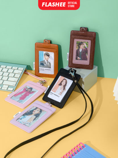 Flashee Name Tag Kulit Tanner ID Card Kulit Holder Penutup Kancing Lanyard Termurah PU Leather