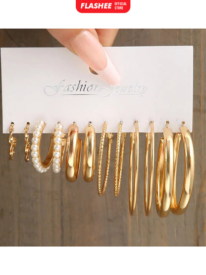 Flashee 6 Set Anting Hoop Kotak Emas Perak Anting Mutiara Hati Aksesoris Perhiasan Wanita