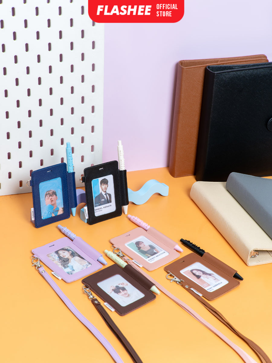 Flashee ID Card Lanyard Kulit Ada Tempat Pulpen Maxwell Name Tag Card Holder 3 Slot Bisa Custom Nama