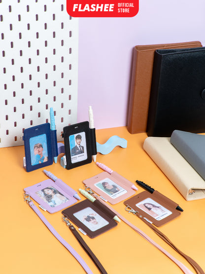 Flashee ID Card Lanyard Kulit Ada Tempat Pulpen Maxwell Name Tag Card Holder 3 Slot Bisa Custom Nama