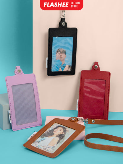 Flashee Name Tag Kulit ID Card Holder Kancing Dean Lanyard Mika Satu Sisi NameTag Kulit Kancing