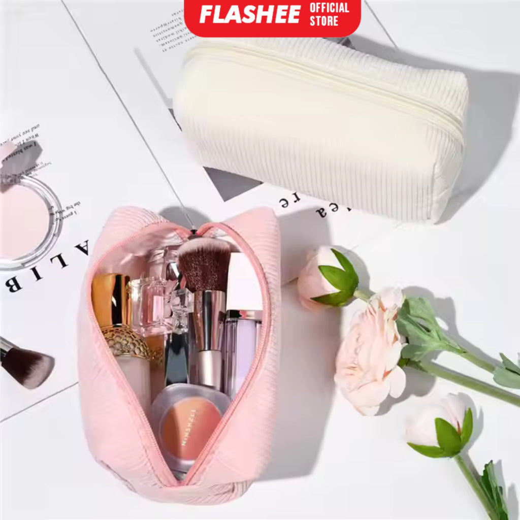 Flashee Kotak Pensil Corduroy Pencil Case Sleting Kapasitas Besar Cosmetic Case