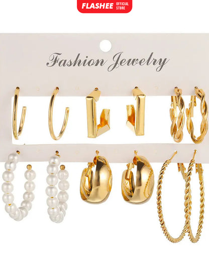 Flashee 6 Set Anting Hoop Kotak Emas Perak Anting Mutiara Hati Aksesoris Perhiasan Wanita