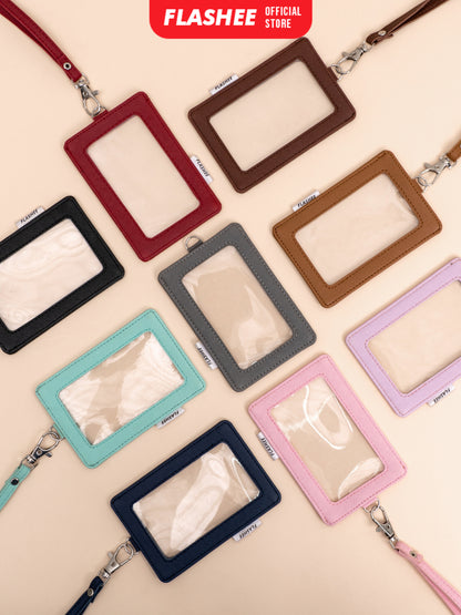 Flashee ID Card Holder Plastik Name Tag Mika Leyna Lanyard Kulit Dua Sisi Transparan PU Leather