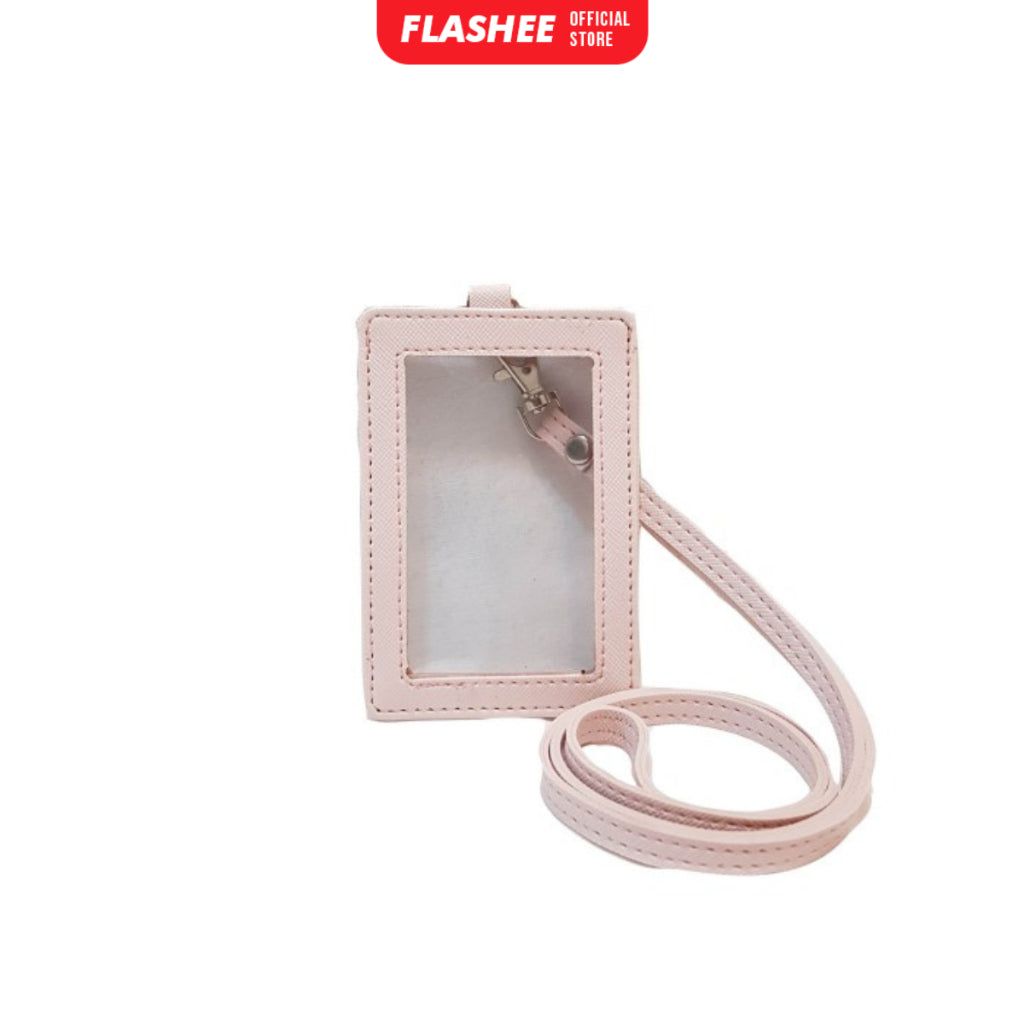 Flashee ID Card Holder Plastik Name Tag Mika Leyna Lanyard Kulit Dua Sisi Transparan PU Leather