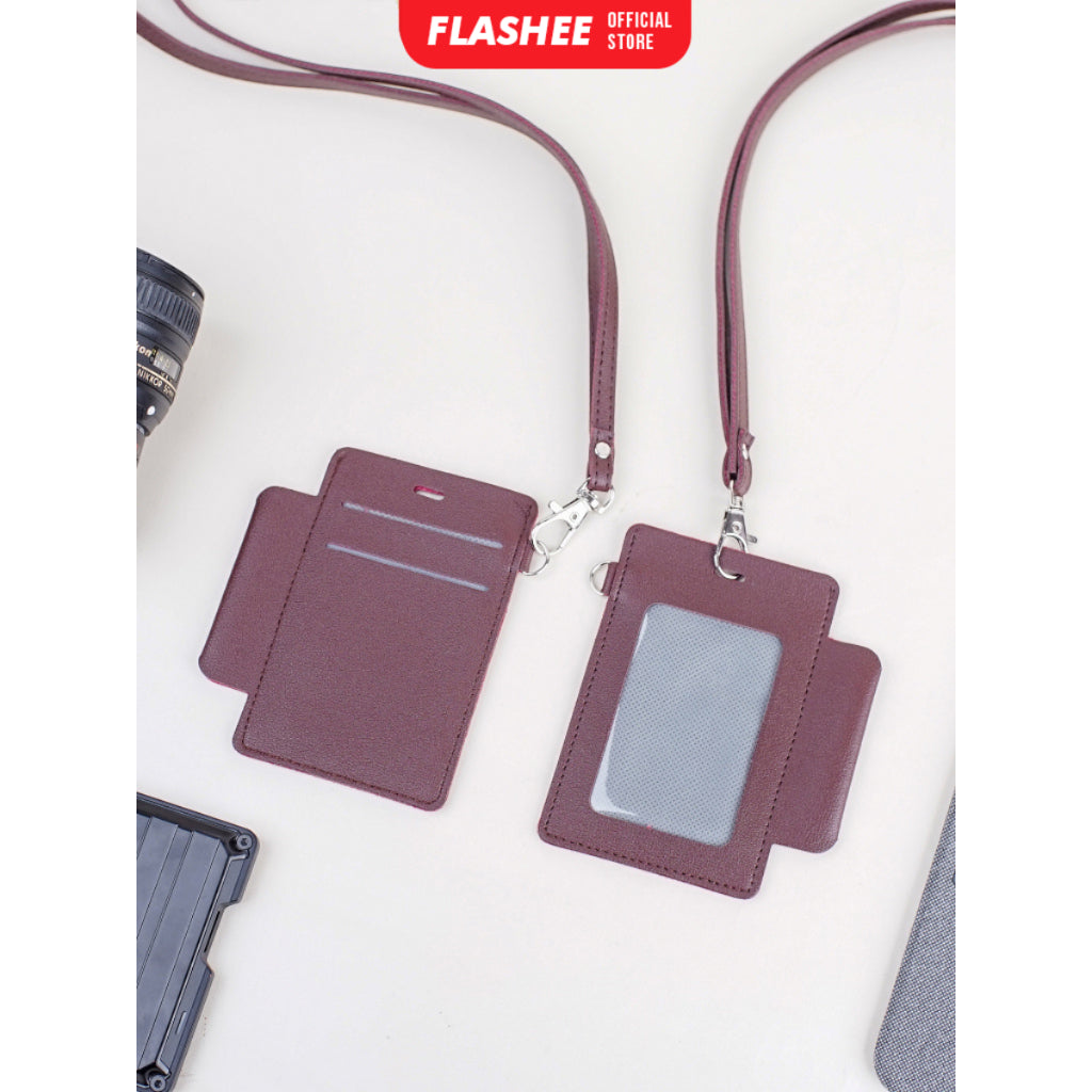 Flashee ID Card Lanyard Kulit Ada Tempat Pulpen Maxwell Name Tag Card Holder 3 Slot Bisa Custom Nama