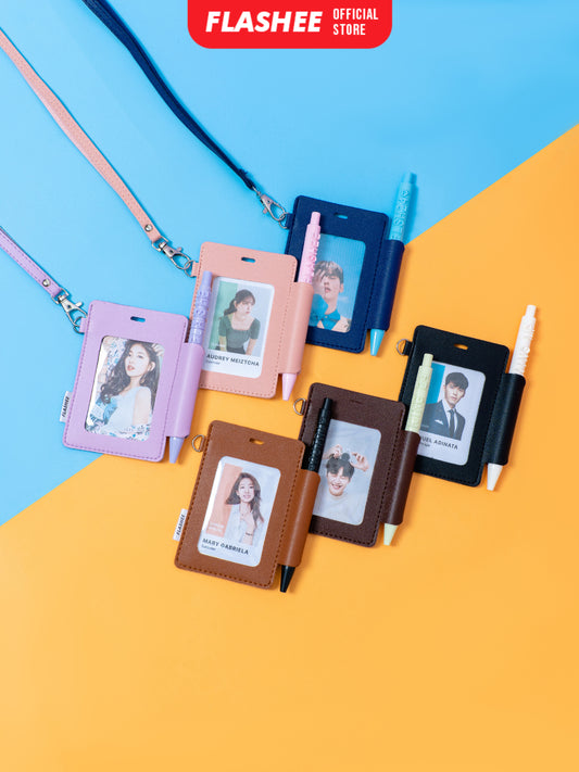 Flashee ID Card Lanyard Kulit Ada Tempat Pulpen Maxwell Name Tag Card Holder 3 Slot Bisa Custom Nama