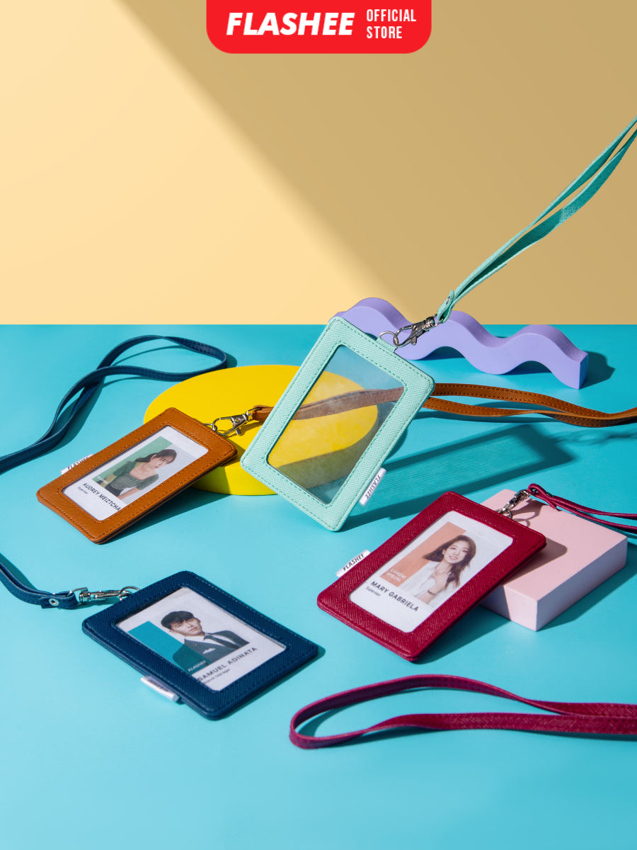 Flashee ID Card Holder Plastik Name Tag Mika Leyna Lanyard Kulit Dua Sisi Transparan PU Leather
