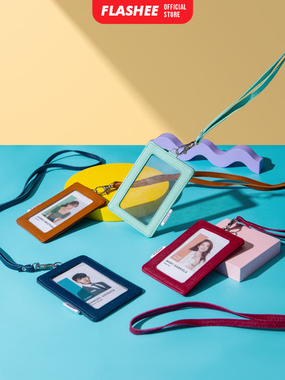 Flashee ID Card Holder Plastik Name Tag Mika Leyna Lanyard Kulit Dua Sisi Transparan PU Leather