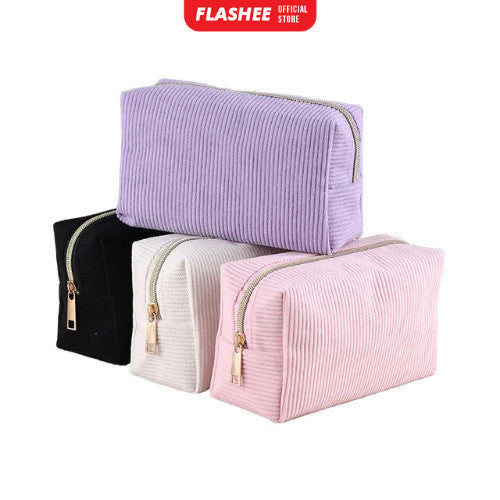 Flashee Kotak Pensil Corduroy Pencil Case Sleting Kapasitas Besar Cosmetic Case