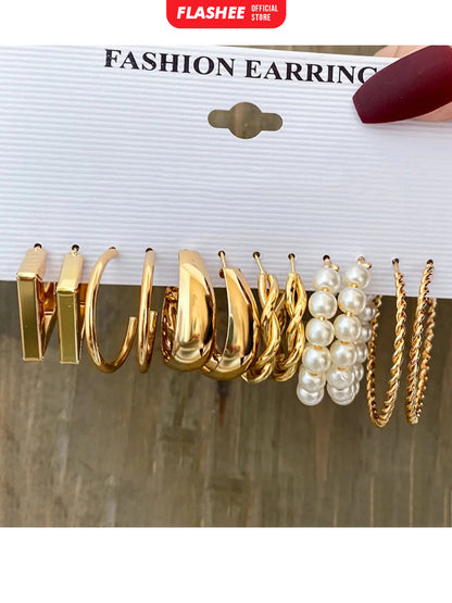 Flashee 6 Set Anting Hoop Kotak Emas Perak Anting Mutiara Hati Aksesoris Perhiasan Wanita