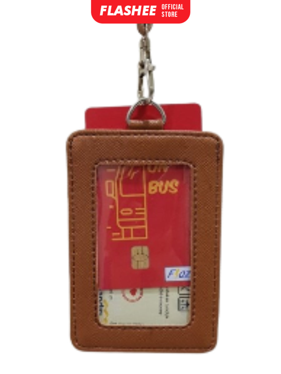 Flashee ID Card Holder Plastik Name Tag Mika Leyna Lanyard Kulit Dua Sisi Transparan PU Leather