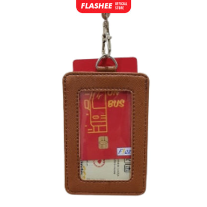 Flashee ID Card Holder Plastik Name Tag Mika Leyna Lanyard Kulit Dua Sisi Transparan PU Leather