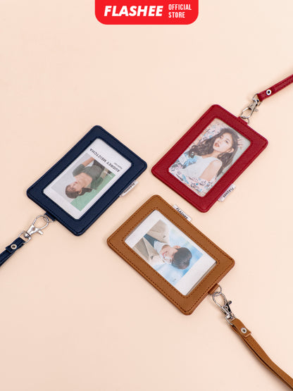Flashee ID Card Holder Plastik Name Tag Mika Leyna Lanyard Kulit Dua Sisi Transparan PU Leather