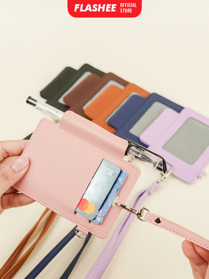 Flashee ID Card Lanyard Kulit Ada Tempat Pulpen Maxwell Name Tag Card Holder 3 Slot Bisa Custom Nama