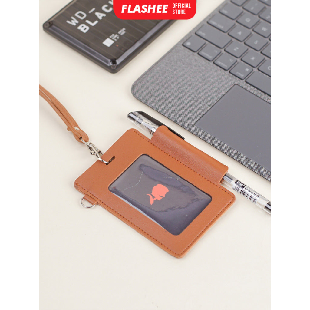 Flashee ID Card Lanyard Kulit Ada Tempat Pulpen Maxwell Name Tag Card Holder 3 Slot Bisa Custom Nama
