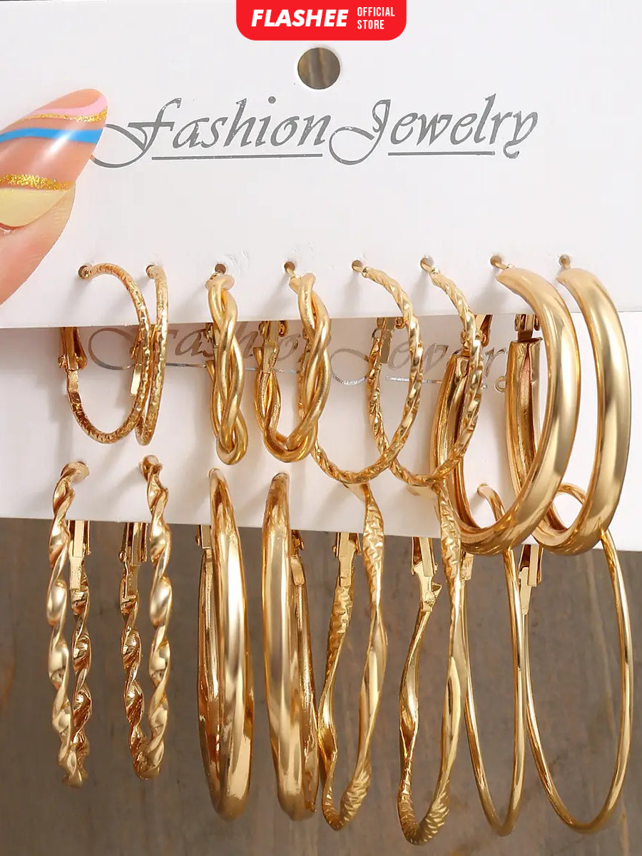 Flashee 6 Set Anting Hoop Kotak Emas Perak Anting Mutiara Hati Aksesoris Perhiasan Wanita