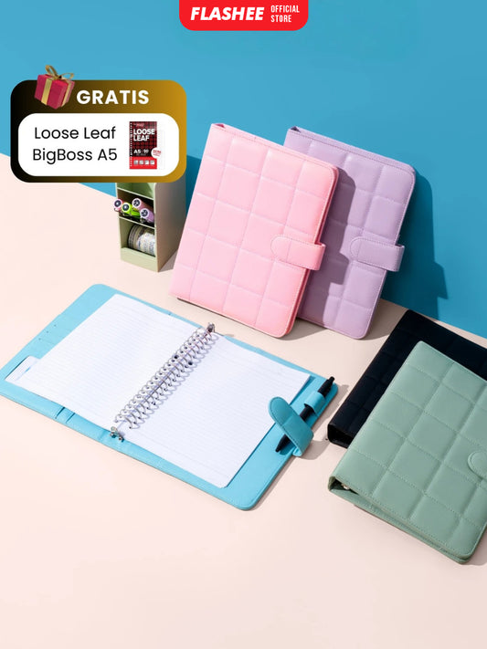 Flashee Binder Polos Eksklusif A5 Puffy 20 Ring Buku Agenda Kulit Sintetis PU Leather Binder Polos