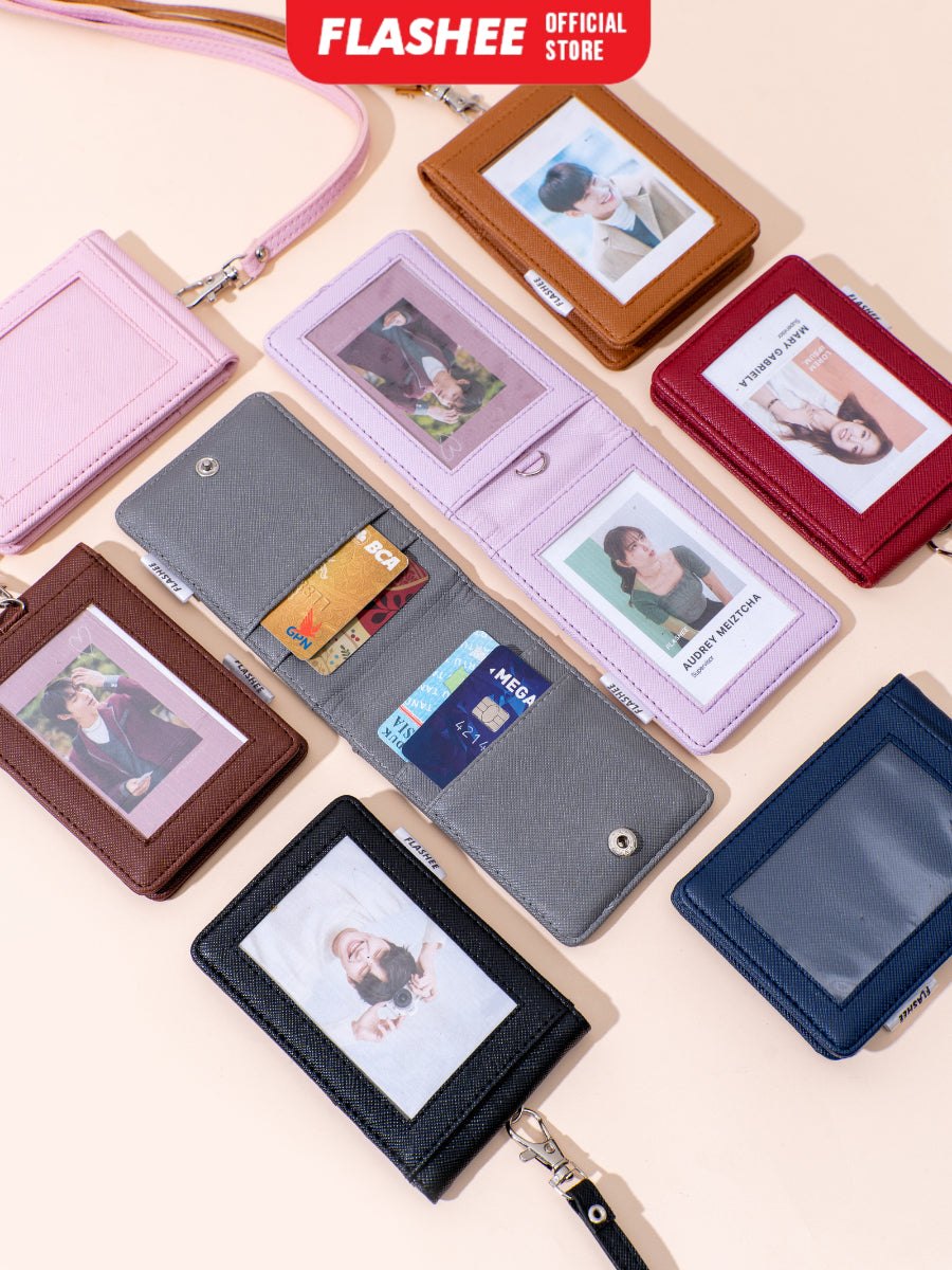Flashee Lanyard ID Card Holder Harper Lanyard Name Tag Kulit Dua Sisi Bolak Balik Mika Kancing