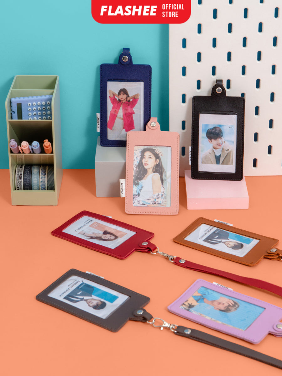 Flashee Name Tag Kulit ID Card Holder Kancing Dean Lanyard Mika Satu Sisi NameTag Kulit Kancing